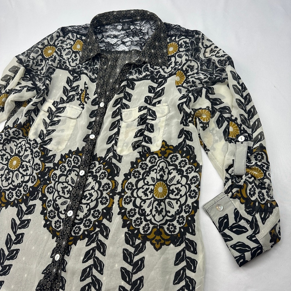 Boho Lace Back Mixed Print Floral Button Down Blouse New Directions Whimsigoth